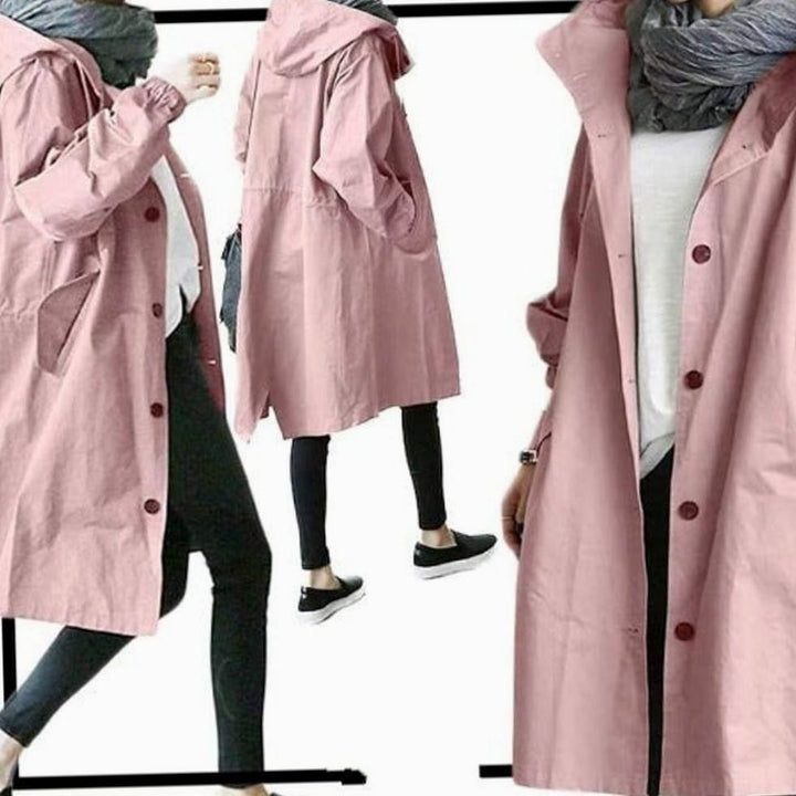 Women's Wind-Resistant Hooded Button-Up Trench Coat - Pink