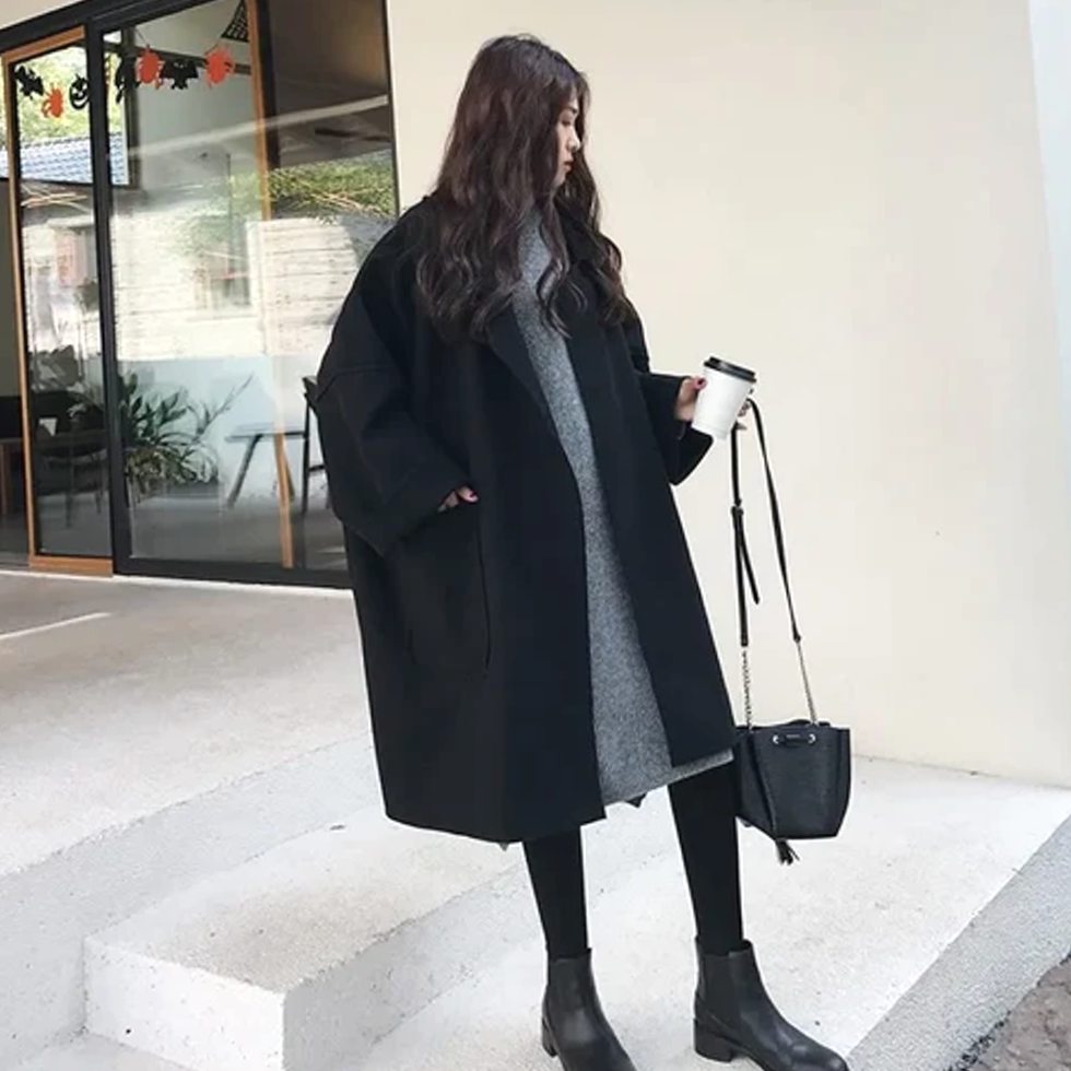 Women's Wool-Blend Oversized Belted Long Trench Coat - Black