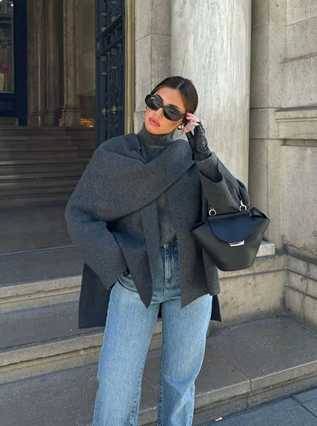 Women's Wool-Blend Wrap Trench Coat Scarf Set, Dark Grey