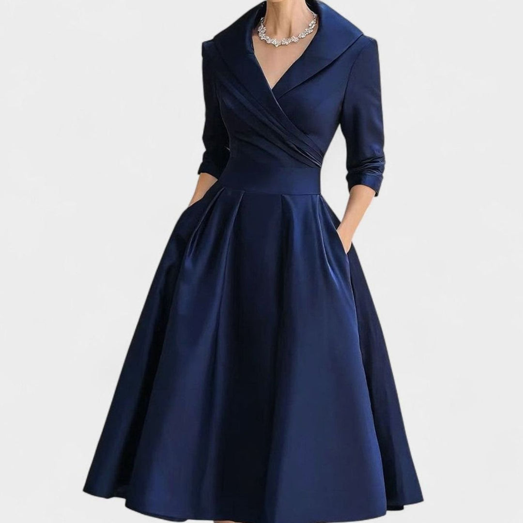 Women's Wrap-Bodice Flared Midi Dress Three-Quarter Sleeves Side Pockets - Navy Blue