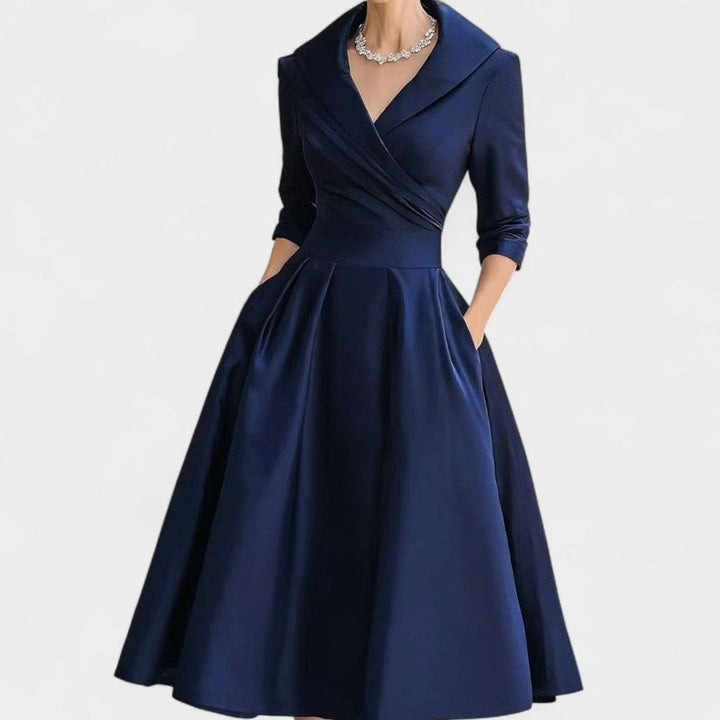 Women's Wrap-Bodice Flared Midi Dress Three-Quarter Sleeves Side Pockets - Navy Blue
