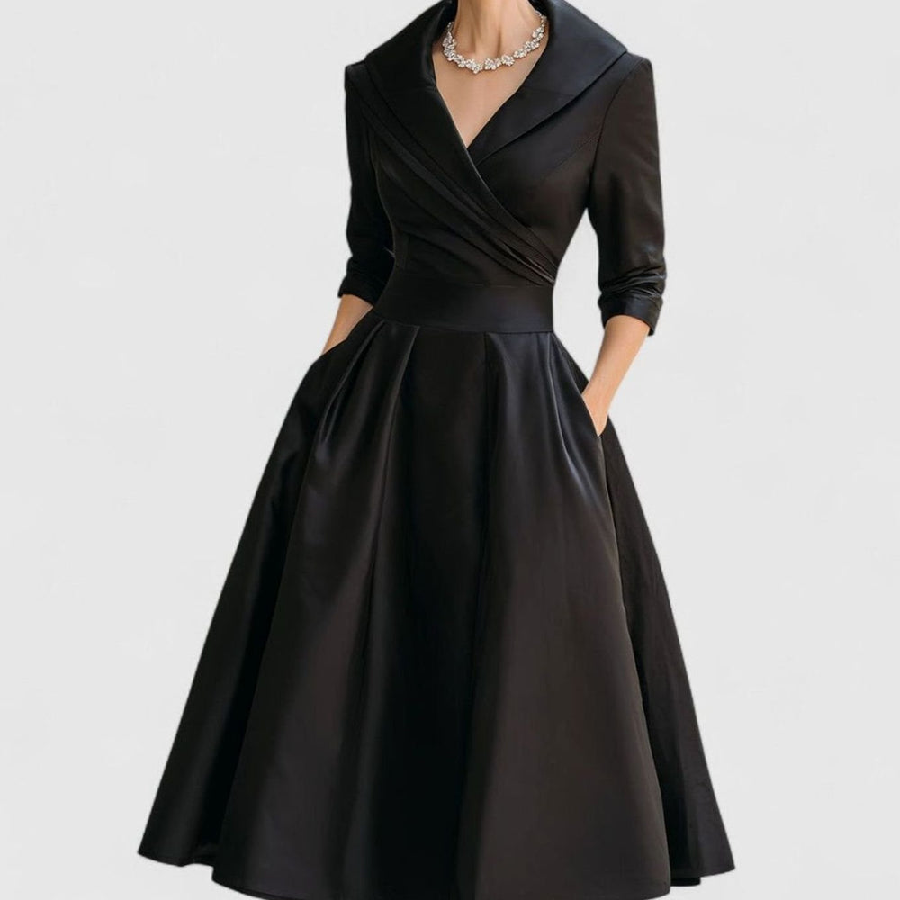 Women's Wrap-Bodice Flared Midi Dress Three-Quarter Sleeves Side Pockets - Black