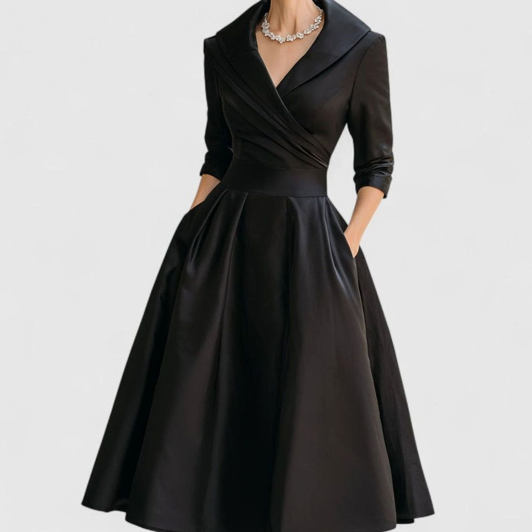 Women's Wrap-Bodice Flared Midi Dress Three-Quarter Sleeves Side Pockets - Black
