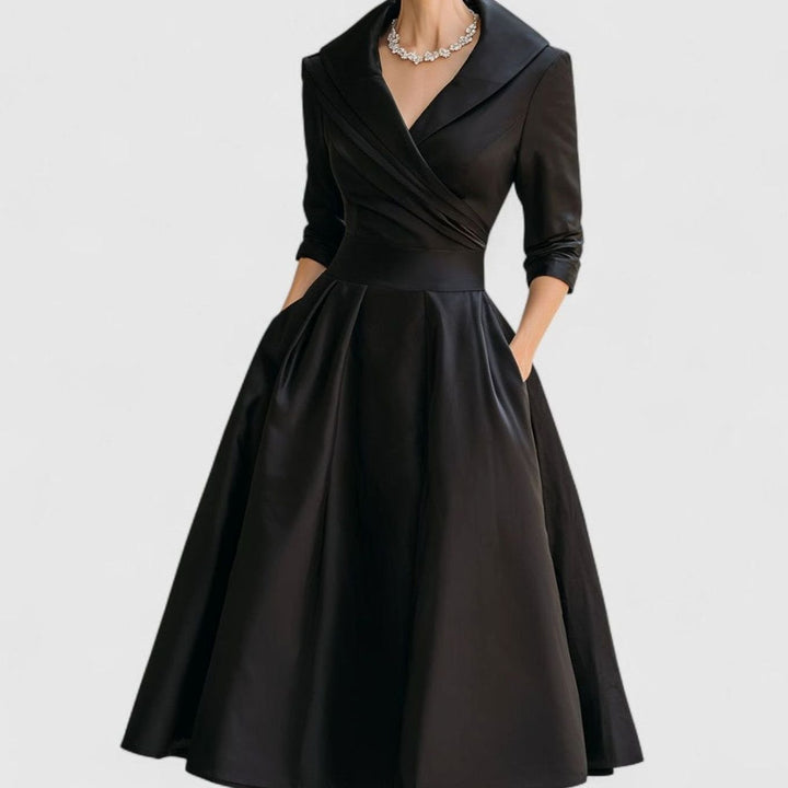 Women's Wrap-Bodice Flared Midi Dress Three-Quarter Sleeves Side Pockets - Black