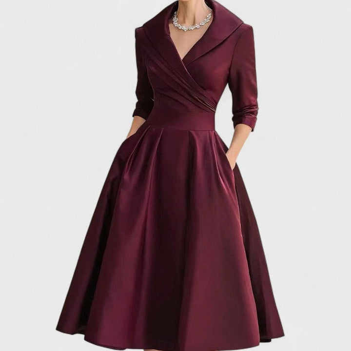 Women's Wrap-Bodice Flared Midi Dress Three-Quarter Sleeves Side Pockets - Deep Red