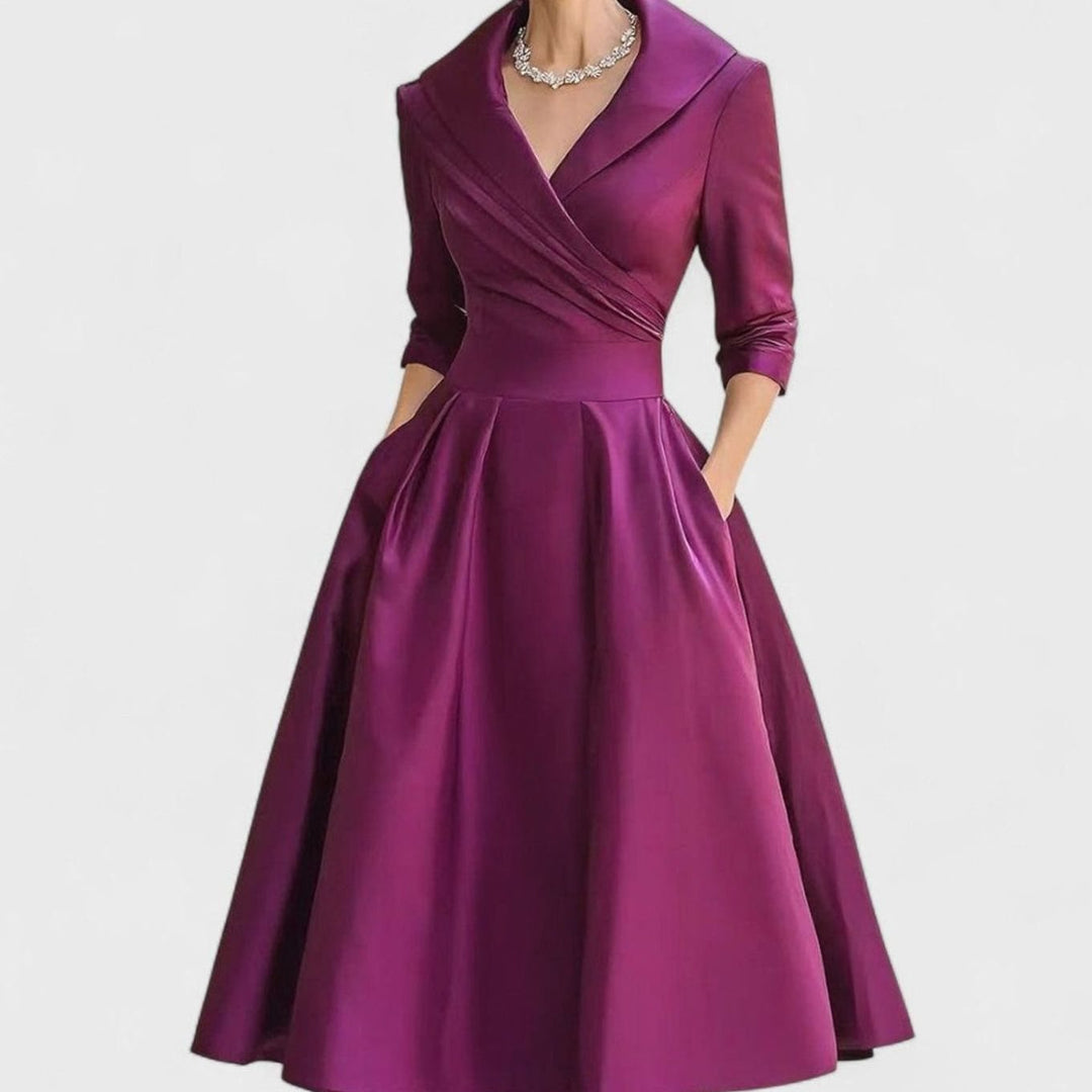 Women's Wrap-Bodice Flared Midi Dress Three-Quarter Sleeves Side Pockets - Purple