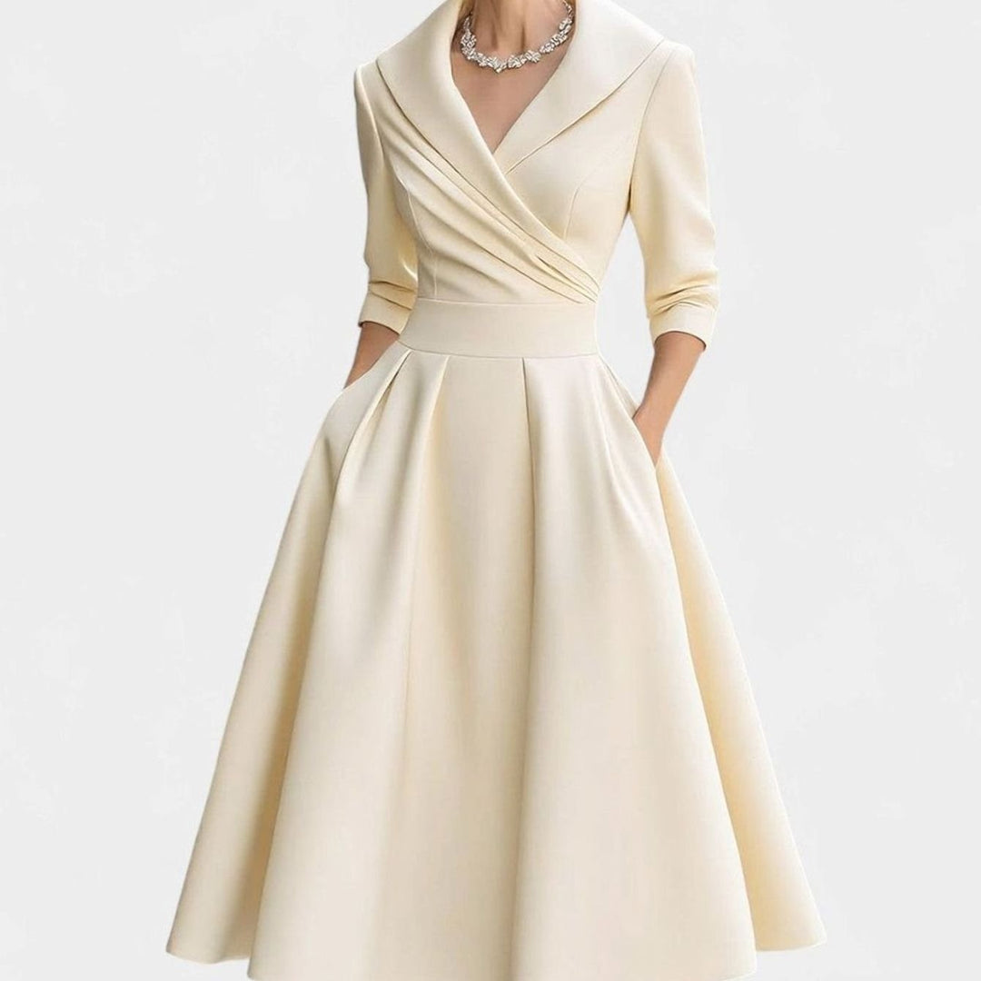 Women's Wrap-Bodice Flared Midi Dress Three-Quarter Sleeves Side Pockets - Beige