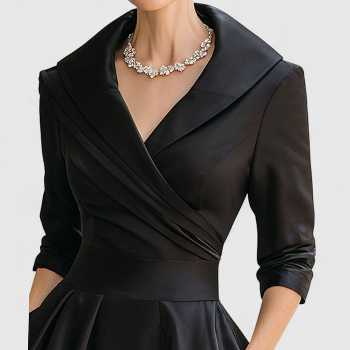 Women's Wrap-Bodice Flared Midi Dress Three-Quarter Sleeves Side Pockets