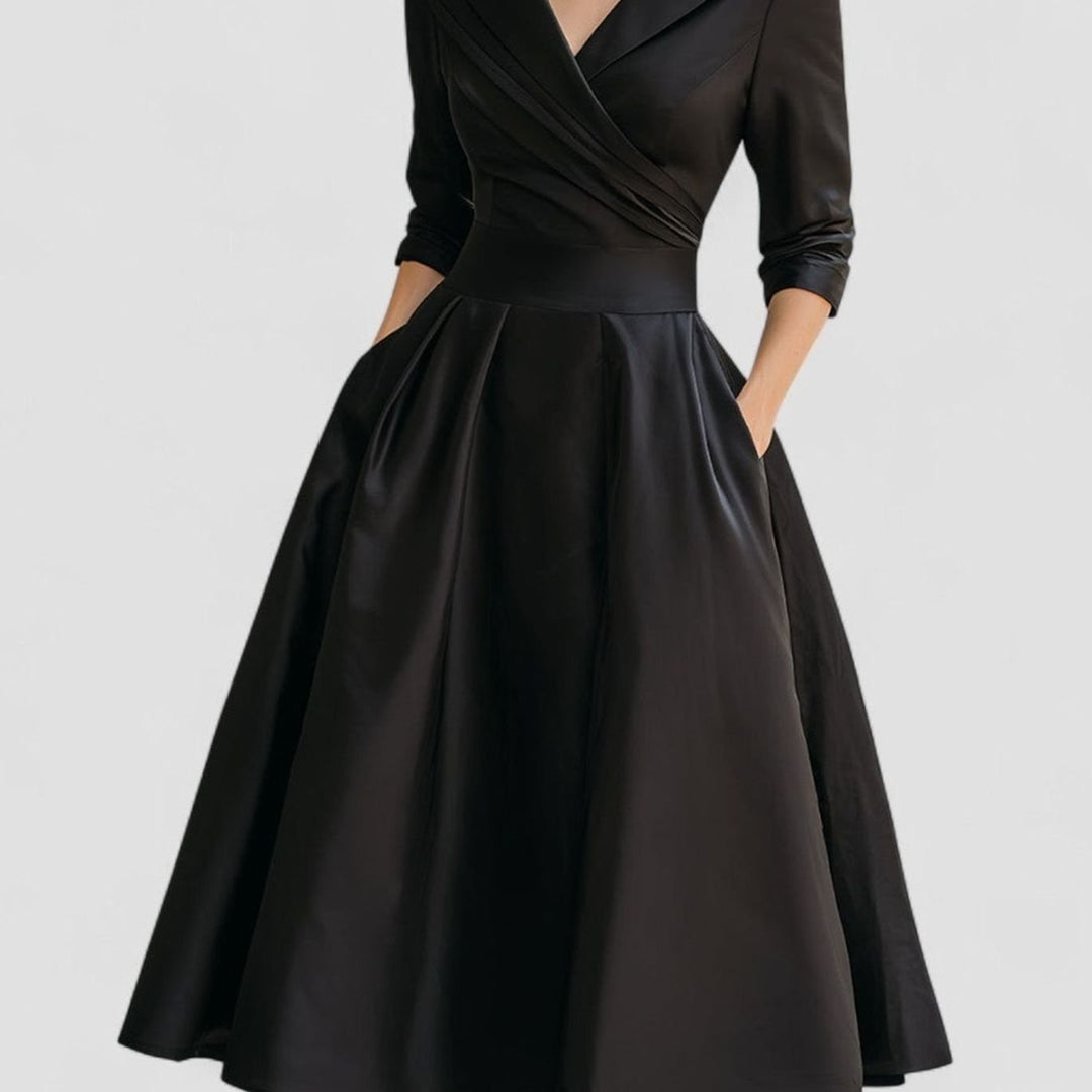 Women's Wrap-Bodice Flared Midi Dress Three-Quarter Sleeves Side Pockets