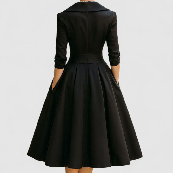 Women's Wrap-Bodice Flared Midi Dress Three-Quarter Sleeves Side Pockets