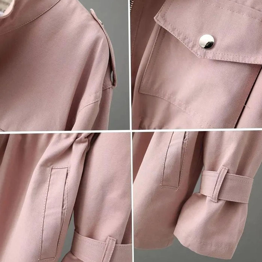 Women's Zip-Up Belted Trench Coat with Chest Pocket