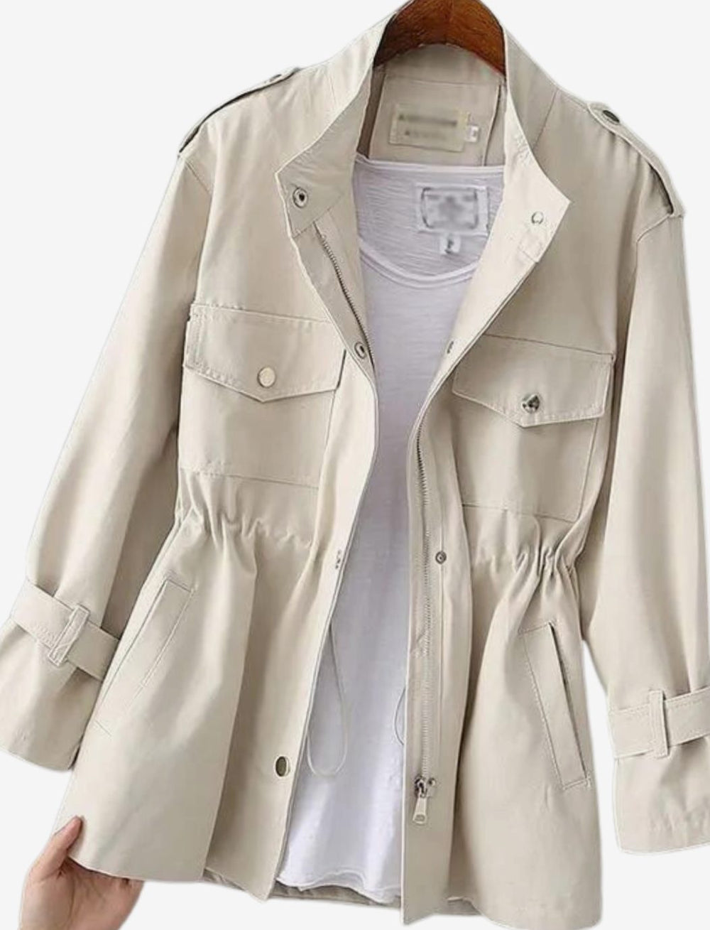 Women's Zip-Up Belted Trench Coat with Chest Pocket - Cream White
