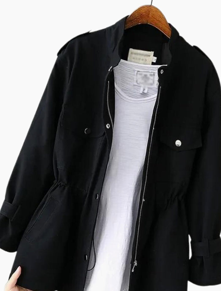 Women's Zip-Up Belted Trench Coat with Chest Pocket - Black
