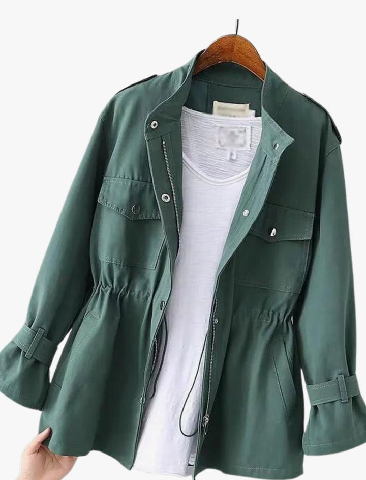Women's Zip-Up Belted Trench Coat with Chest Pocket - Green