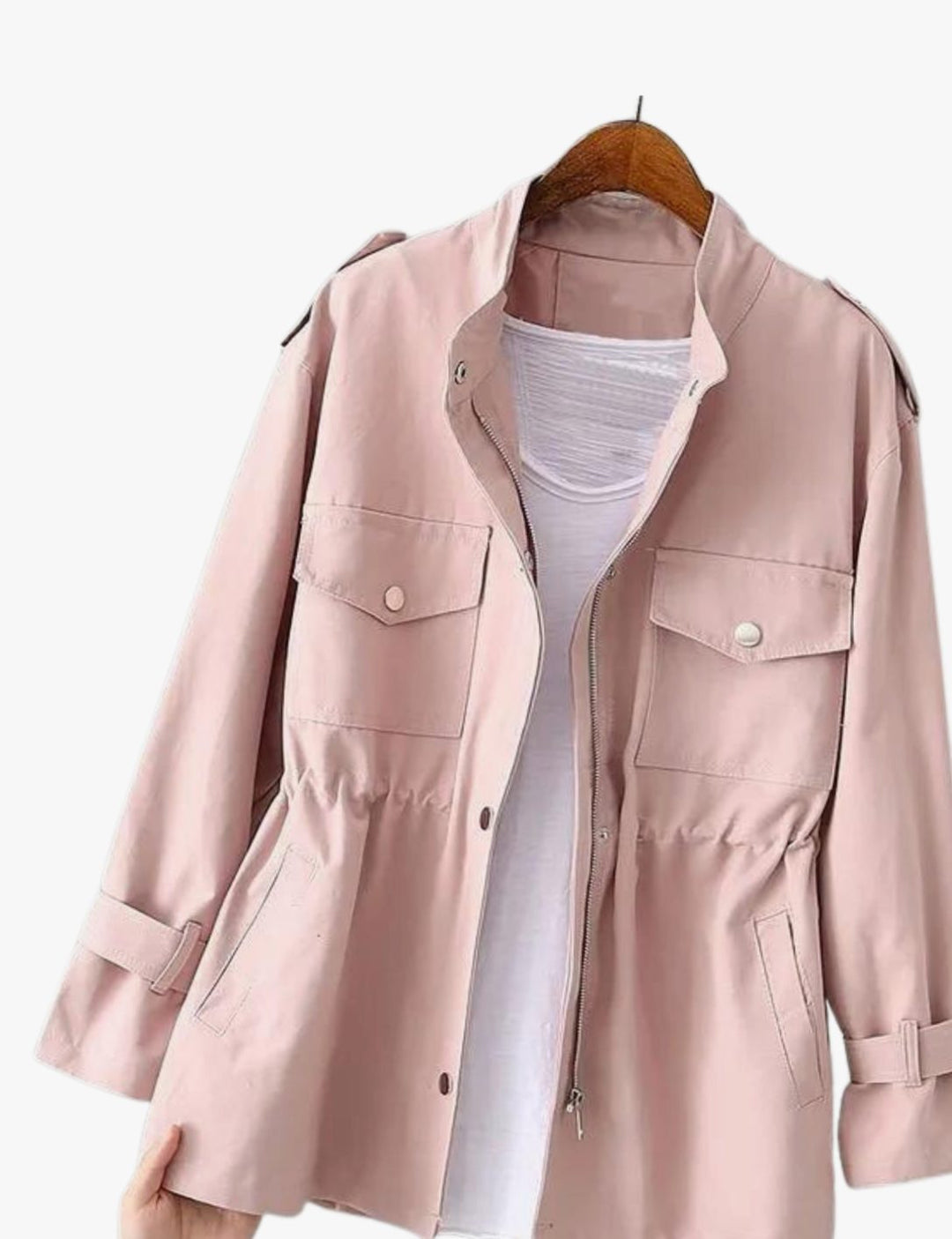 Women's Zip-Up Belted Trench Coat with Chest Pocket - Pink